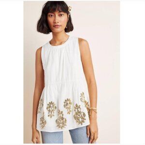 NWT‎ MAEVE Anthropologie Sz XS Women's Off White Simona Sequined Babydoll Blouse